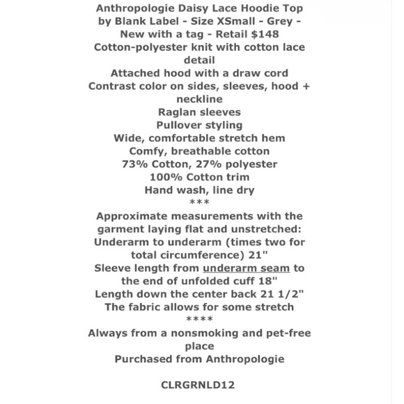 $148 Anthropologie Daisy Lace Top XSmall 0 2 Gray Sweatshirt Hoodie Unique NWT - Picture 2 of 16